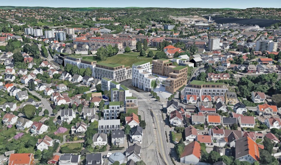 Dette var byplanleggernes opprinnelige forslag på tomten. Illustrasjon: Kristiansand kommune