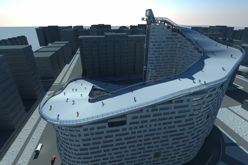 Skientusiaster i Kasakhstans hovedstad Astana kan kanskje få sin egen slalåmbakke som en del av byens sky-line. Illustrasjon: Shokhan Mataibekov