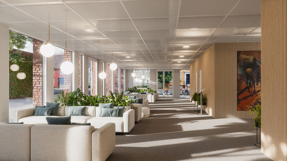 Kongens gate 87 i Trondheim totalrehabiliteres med nye, moderne lokaler og nytt teknisk utstyr. Illustrasjon: Norconsult