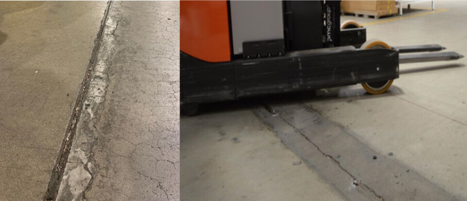 Gulvfuger blir utsatt for store belastninger fra trucker med harde polyuretanhjul. De nedfelte stålprofilene i gulvet blir deformert og tilstøtende betongskader oppstår, hvilket igjen fører til slag, vibrasjoner, støvdannelse og skader på dekk og hjullagre, uttaler produktansvarlig Erik Gabrielsen. Klikk for større versjon Gulvfuger blir utsatt for store belastninger fra trucker med harde polyuretanhjul. De nedfelte stålprofilene i gulvet blir deformert og tilstøtende betongskader oppstår, hvilket igjen fører til slag, vibrasjoner, støvdannelse og skader på dekk og hjullagre, uttaler produktansvarlig Erik Gabrielsen.