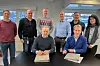 Bak fra venstre: Eirik Brunvoll (Kongsberg kommune), Roar Jarness (Kongsberg kommune), Geir Lundberg (HAB), Tor Håkonsen (Rambøll), Jan Ove Nilsen (Biowater Technology) og Carolin Forsberg Gulbrandsen (Kongsberg kommune). Foran fra venstre: Jens Sveaass (kommunalsjef Kongsberg kommune) og Christian Tanum (HAB) Foto: Kongsberg kommune