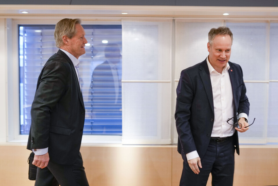 Styreleder Cato Hellesjø i Bane Nor (t.v.) og samferdselsminister Jon-Ivar Nygård (Ap) på deres møte om håndteringen av Follobanen denne uken. Styreleder Cato Hellesjø i Bane Nor (t.v.) og samferdselsminister Jon-Ivar Nygård (Ap) på deres møte om håndteringen av Follobanen denne uken. Foto: Heiko Junge / NTB