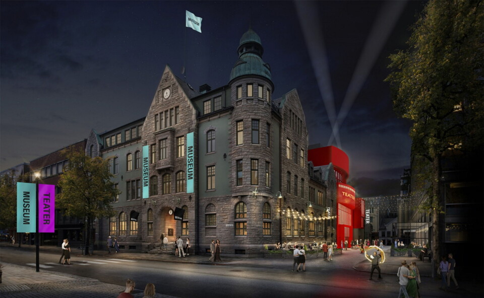 De innvendige lokalene i den gamle postgården i Trondheim er revet. Nå bygges de om til moderne museumslokaler. Illustrasjon: Nye Hjorten Teater De innvendige lokalene i den gamle postgården i Trondheim er revet. Nå bygges de om til moderne museumslokaler. Illustrasjon: Nye Hjorten Teater