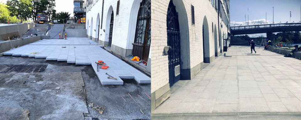 Før- og etterbilder fra Sandvika elvepromenade. Klikk for større versjon