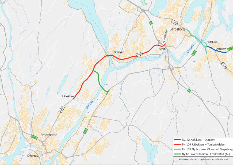 Fase to av Bypakke Nedre Glomma består av fire store bru- og veiprosjekter og omfattende programområde tiltak. Kart: Samferdselsdepartementet Fase to av Bypakke Nedre Glomma består av fire store bru- og veiprosjekter og omfattende programområde tiltak.